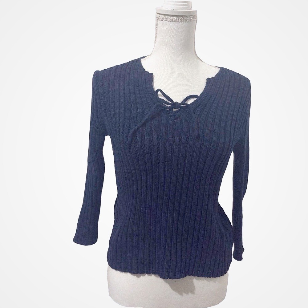 J.Crew Black Ribbed Knit 100% cotton Lace-Up Front Sweater Top Long Sleeve,small